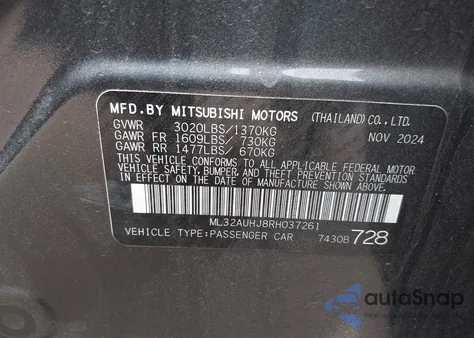 2024 Mitsubishi Mirage Es/Le из США, поврежденный, VIN ML32AUHJ8RH037261